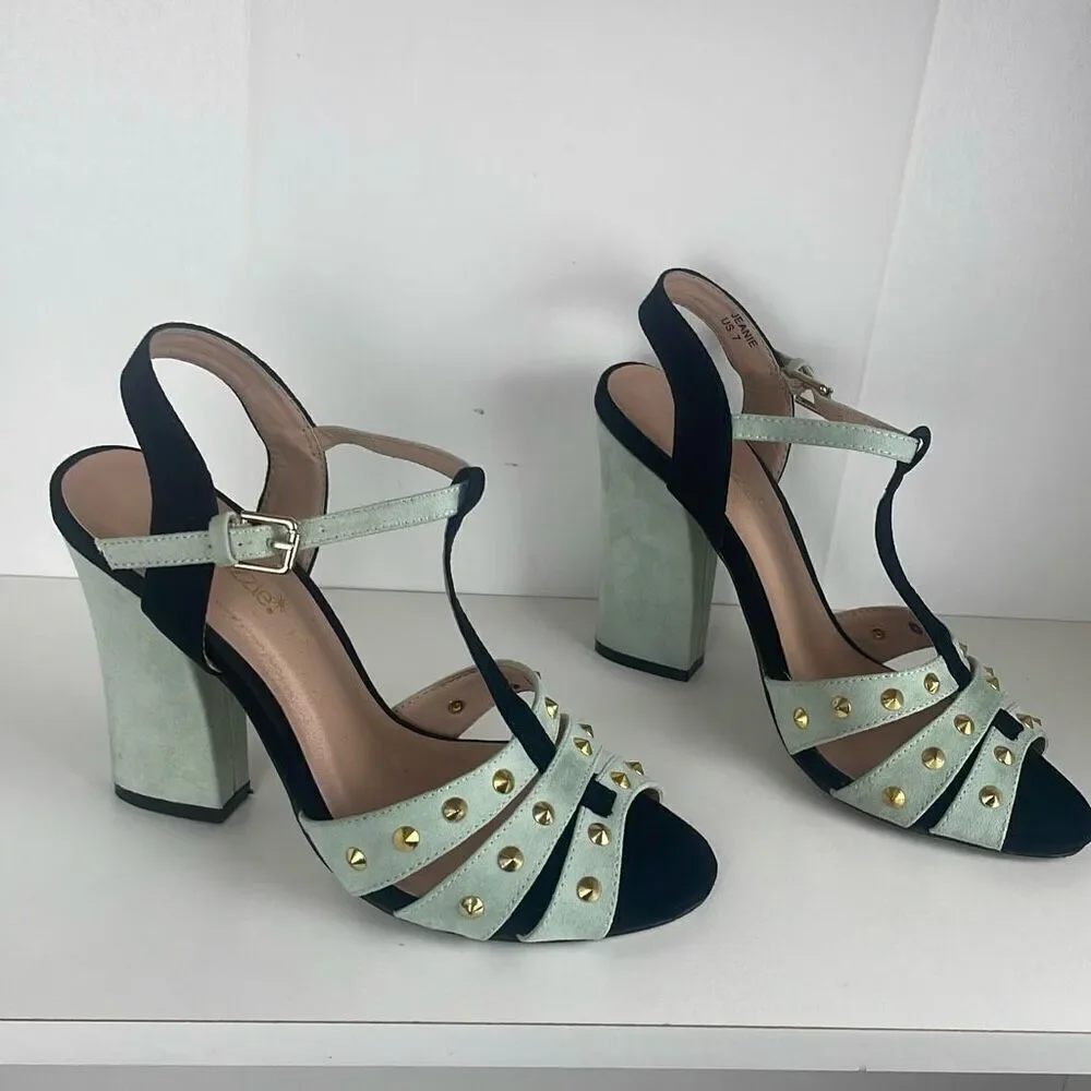 Gold Spiked Caged Faux Suede T-Strap Heels 7